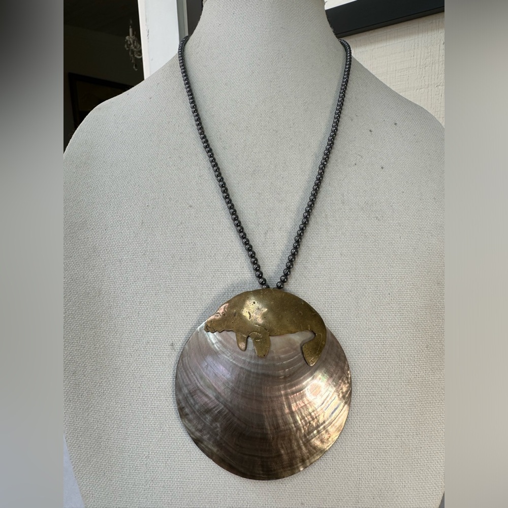 Gorgeous Artisan Abalone Shell And Brass Manatee … - image 1